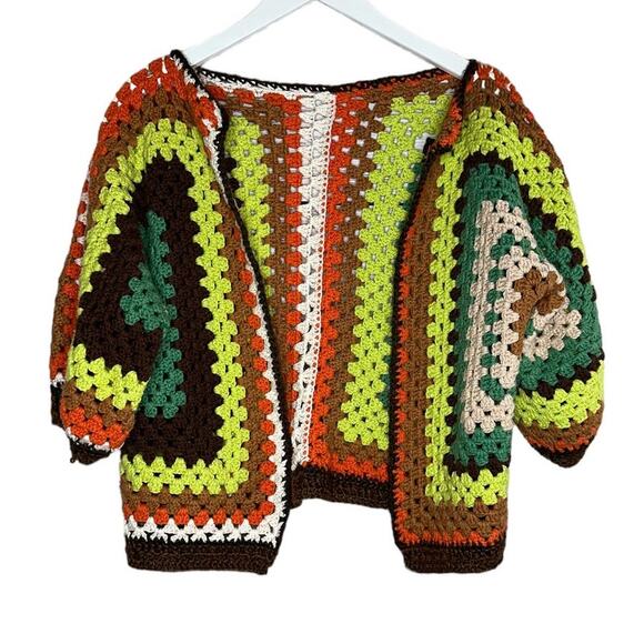 Hand Crochet Hexagon Green Brown 70's Style Crop Cardigan 3/4/ Sleeve Medium - Picture 1 of 9